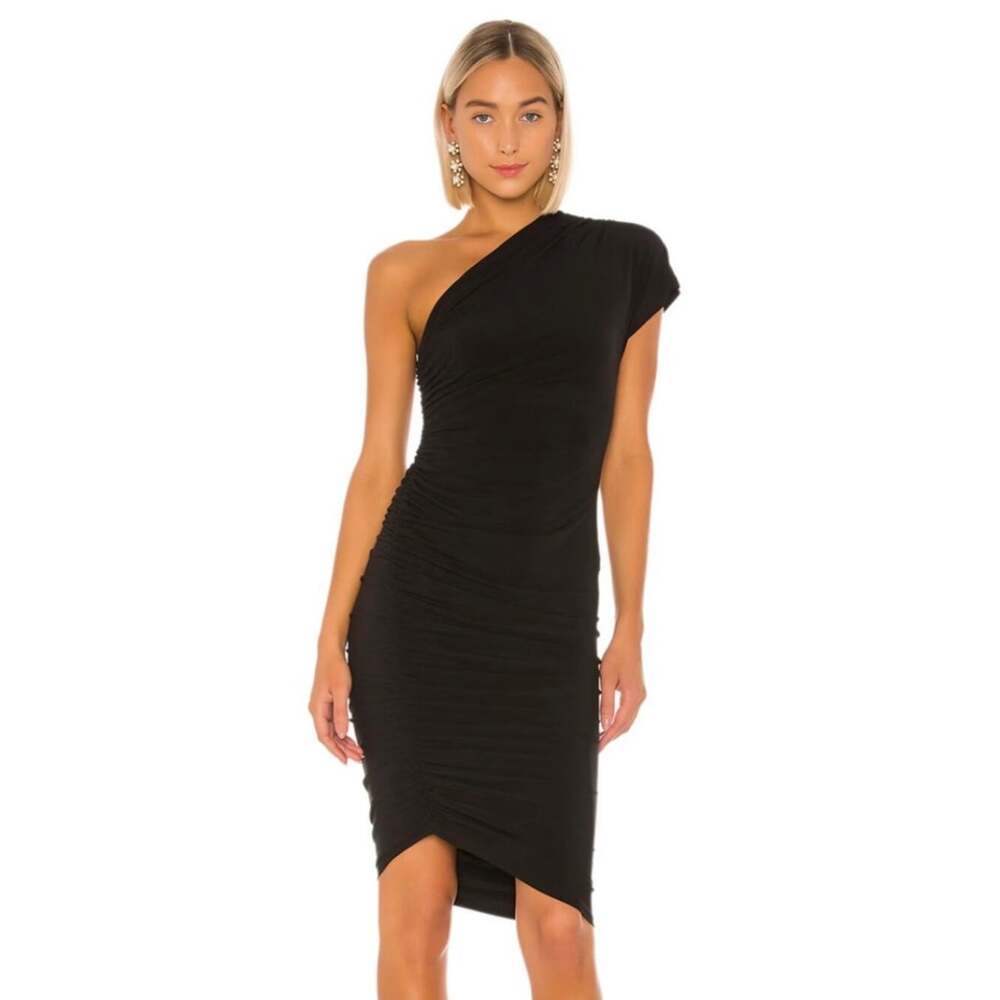 Lovers + Friends Oona Dress Black One Shoulder Ruched Midi Size M Revolve